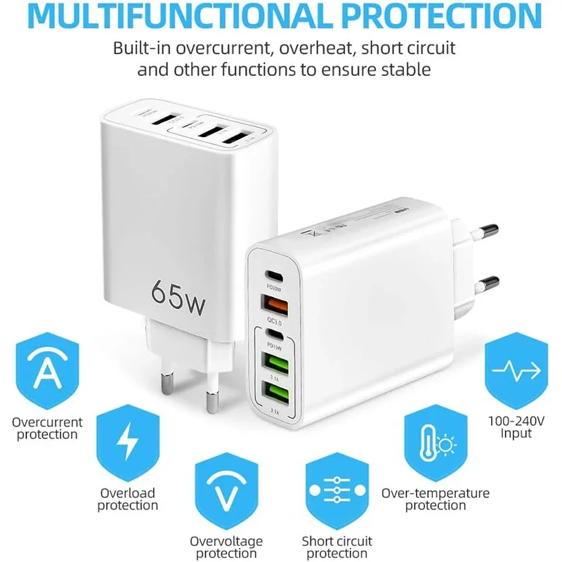 UYUXIO 5 in 1 Multi Port USB C Phone Charger 65W Fast Charging Wall Adapter for iPhone 16 15 Pro Max Plus iPad Samsung All