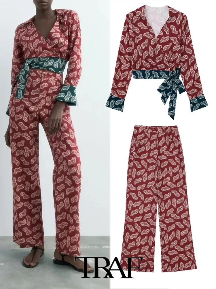

TRAF ZA&ree 2022 Ladies Shirt Suit Single OL Cross Print Shirt Top+ Printed Straight-leg Pants Basic Causal Outfits