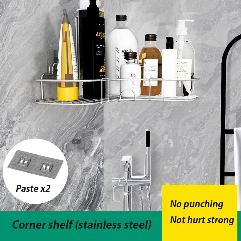 

Stainless Steel Non Perforated Love Corner Rack Kitchen Bathroom Bedroom shampoo Storage Thickened Tripod Storage Rack Shelf