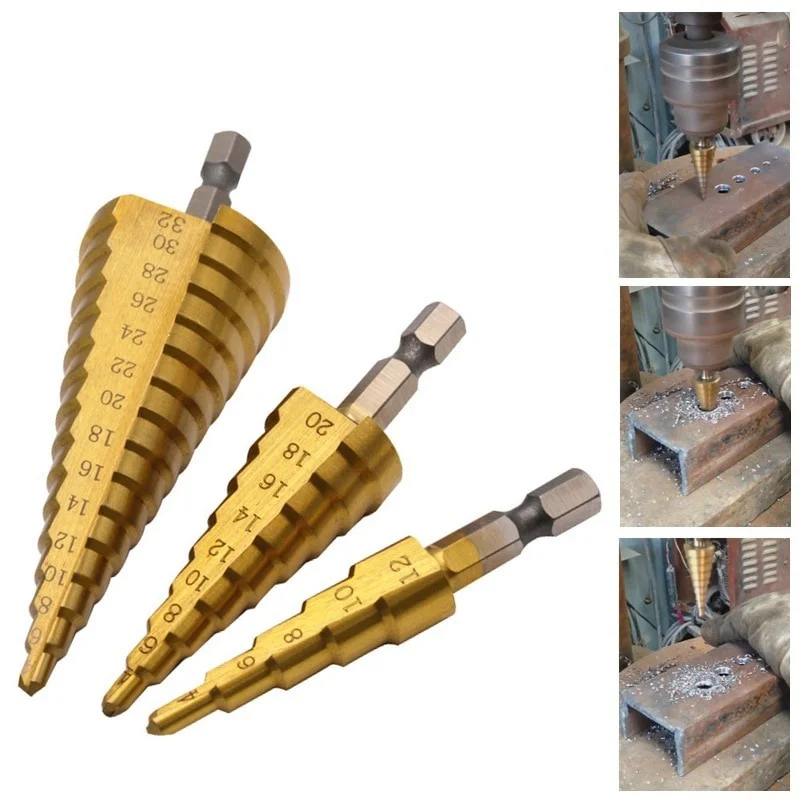 

1set HSS Titanium Coated Step Drill Bit 4-12 4-20 4-32 Drilling Power Tools Metal High Speed Steel Wood Hole Cutter Cone Drill