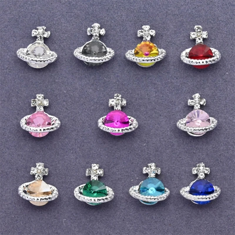 

10pcs Glitter Metal Planet Nail Art Charms Rhinestones Luxury Glass Crystal Nail Art Decoration DIY Colorful Nail Gems Jewelry
