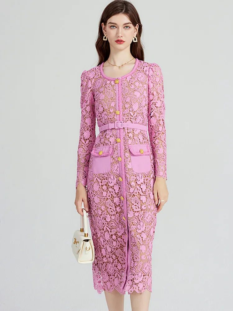 Высокое качество женское розовое кружевное открытое подиумное платье