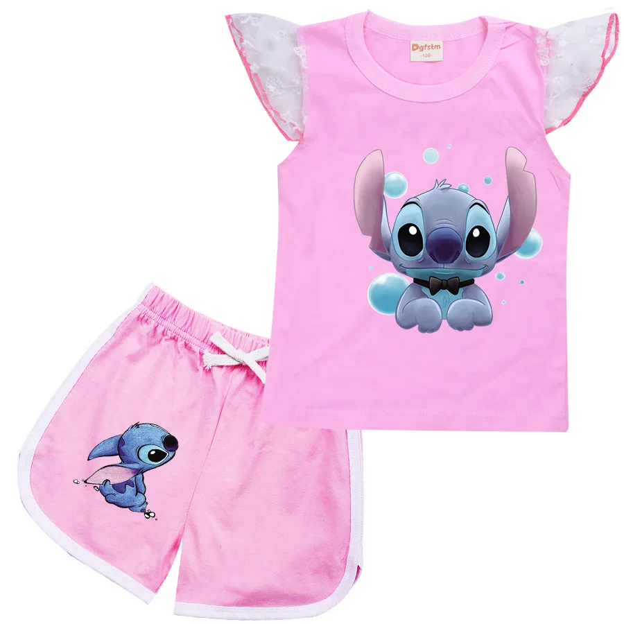 

2022 New Summer Clothing Set Disney Stitch Costume Cosplay Girls Boys Sports T-Shirt + Pants 2 Piece Baby Clothes Set