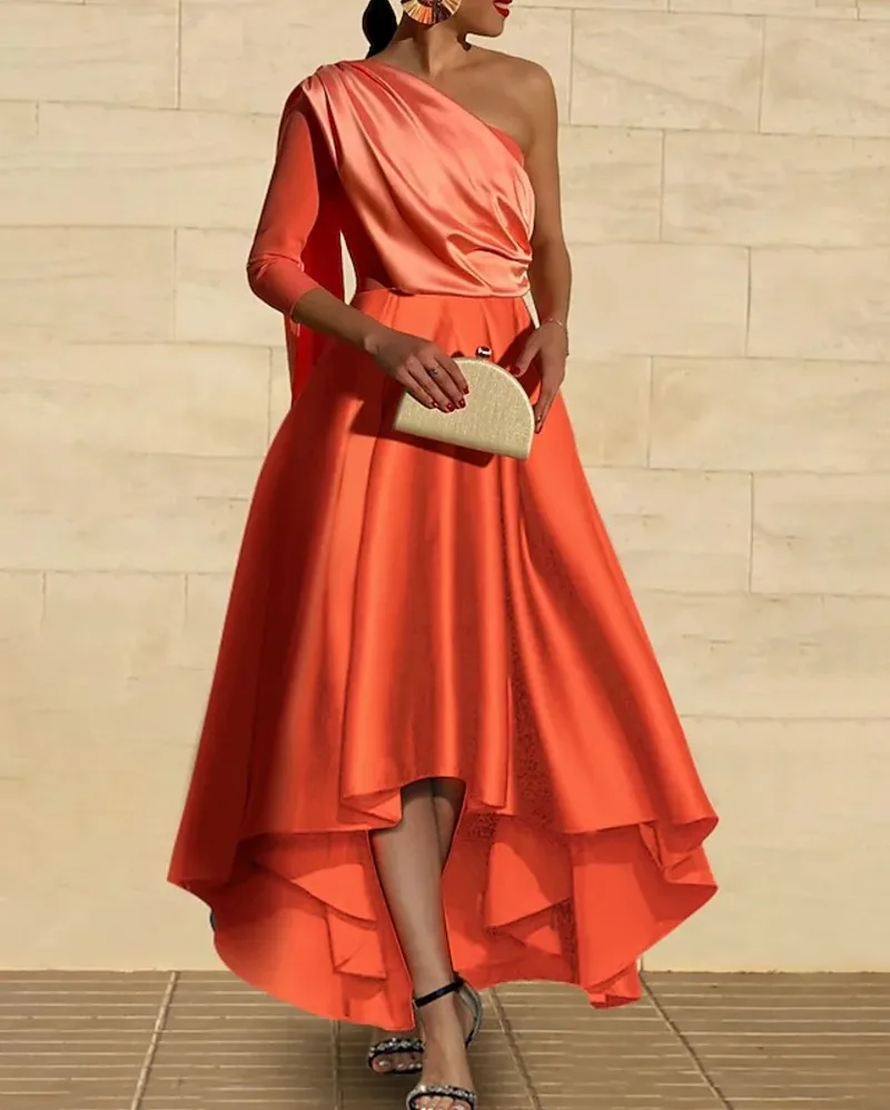 Оранжевое платье для выпускного вечера с высоким и низким вырезом 2025 длиной до