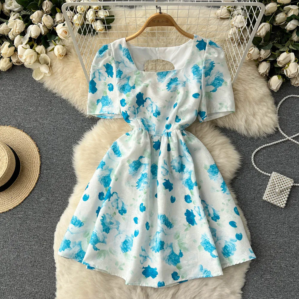 

French Square Neck Short Dress Women New Fashion Summer Short Sleeve Fluffy A-line Korean Dresses Elegant Vestidos G710