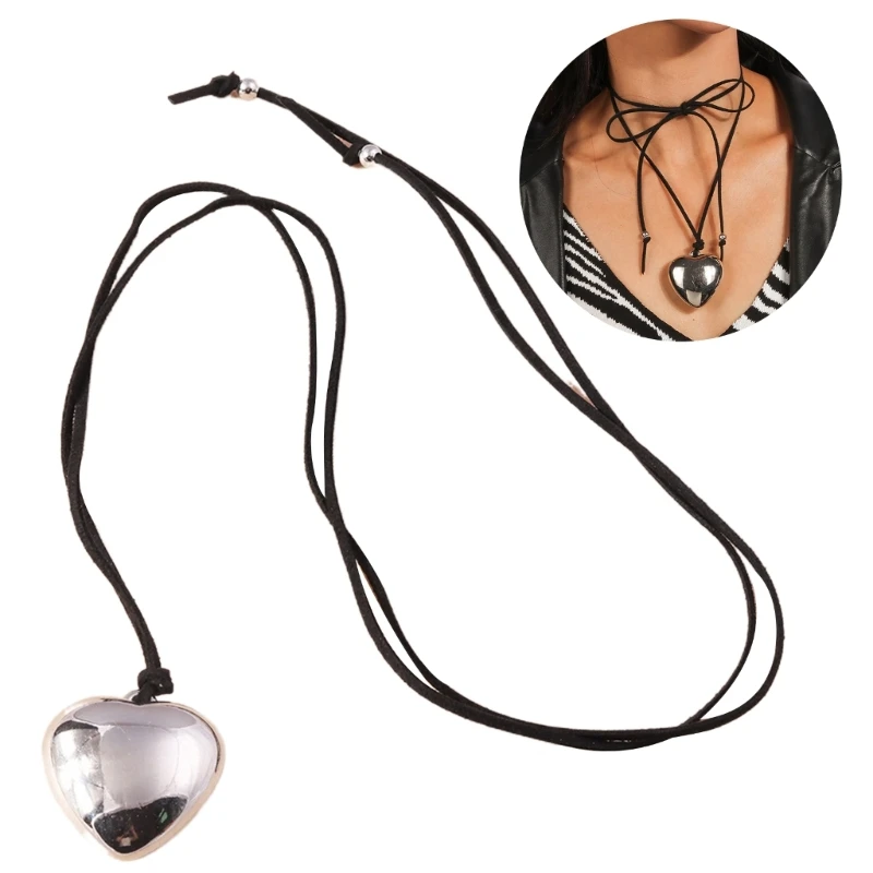 

Fashionable Black Rope Necklace Adjustable Heart Pendant Necklace Modern Clavicle Chain Necklace for Women Girls Teens DropShip