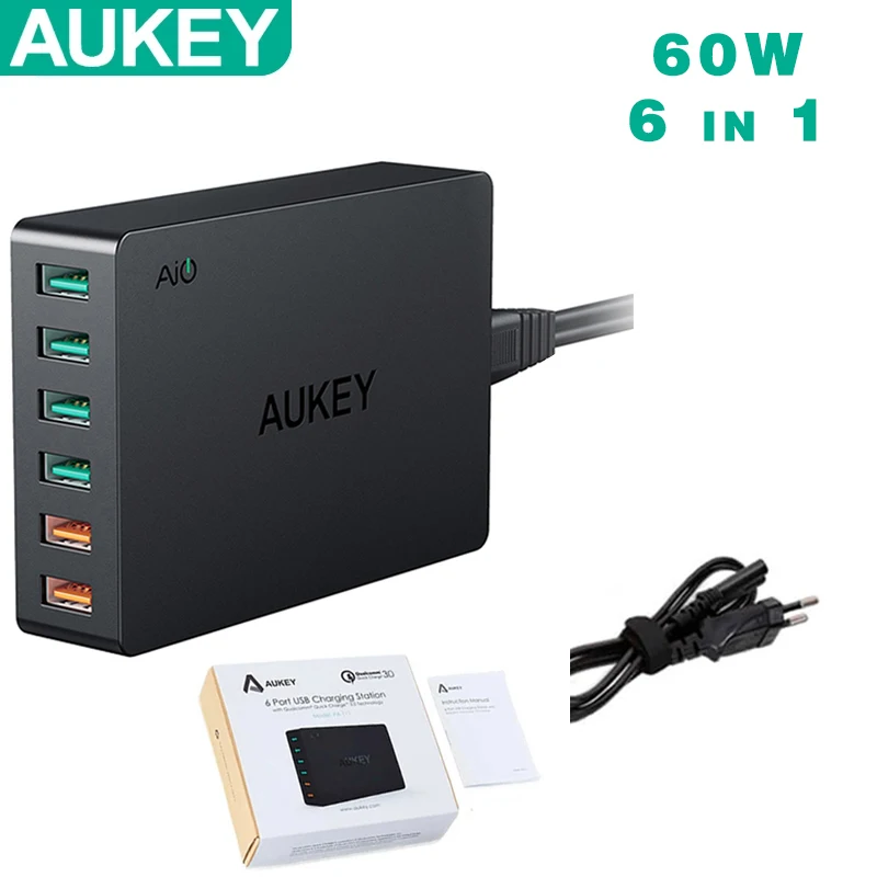 

AUKEY PA-T11 60W 6 USB Port EU US UK Plug Fast Wall Charger Quick Charge 3.0 Desktop Charger for Mobile Phone Tablet.
