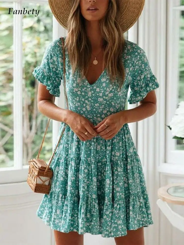 

Женское платье с V-образным вырезом, коротким рукавом и цветочным принтом