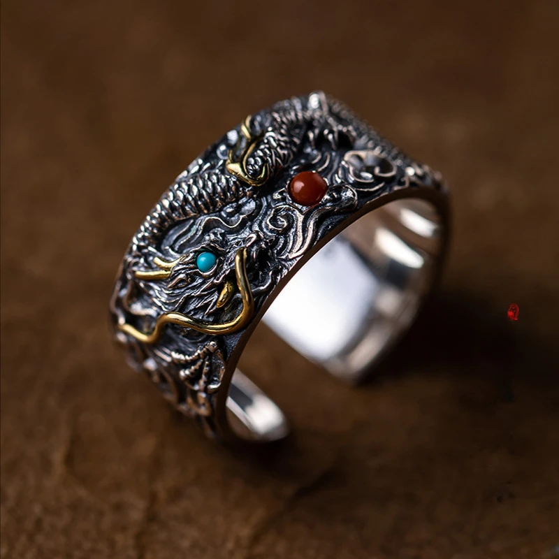 

Fashion Double Dragons Playing Beads Rings Men Holiday Gift Retro Overbearing Opening Thai Silver Ring Punk Jewelry Accessories