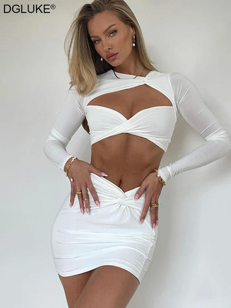 2022 Womens Two Piece Sets Festival Outfit Long Sleeve Crop Top And Mini Skirt Sets Night Club Birthday Outfits Matching Set
