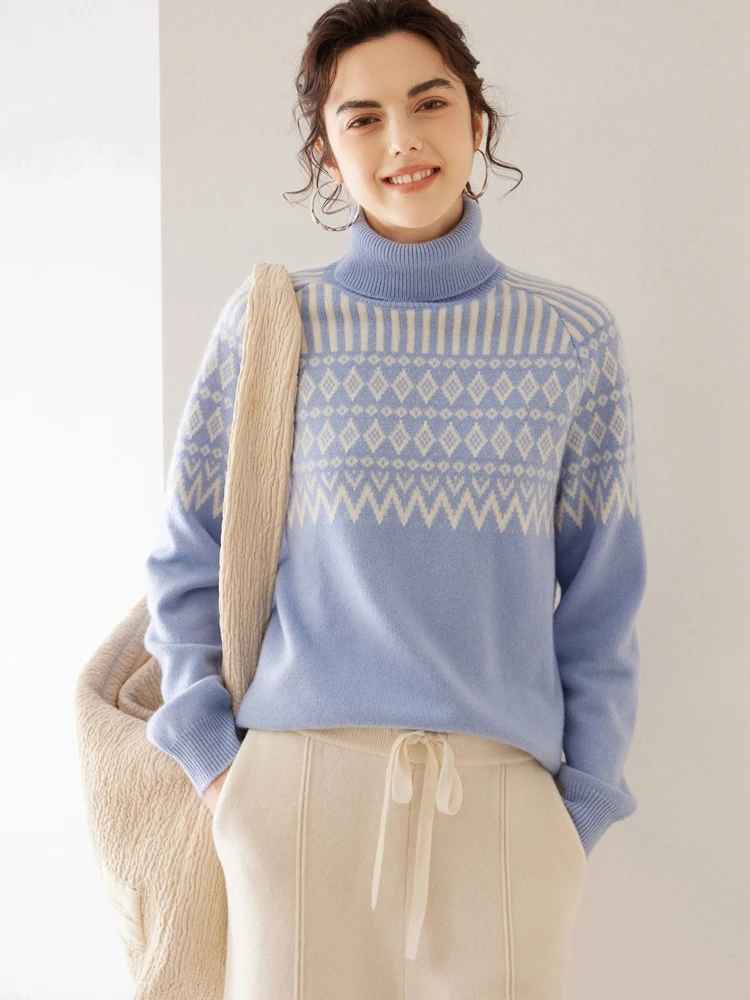 Новые женские пуловеры с высоким воротником жаккардовый кашемировый свитер