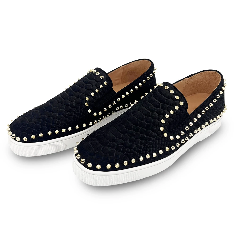 

Luxury Gold Rivets Casual Loafers Shoes Calfskin Leather Snakeskin Slip on Low Top Sneakers Women Men Party Flat Shoes Trainers