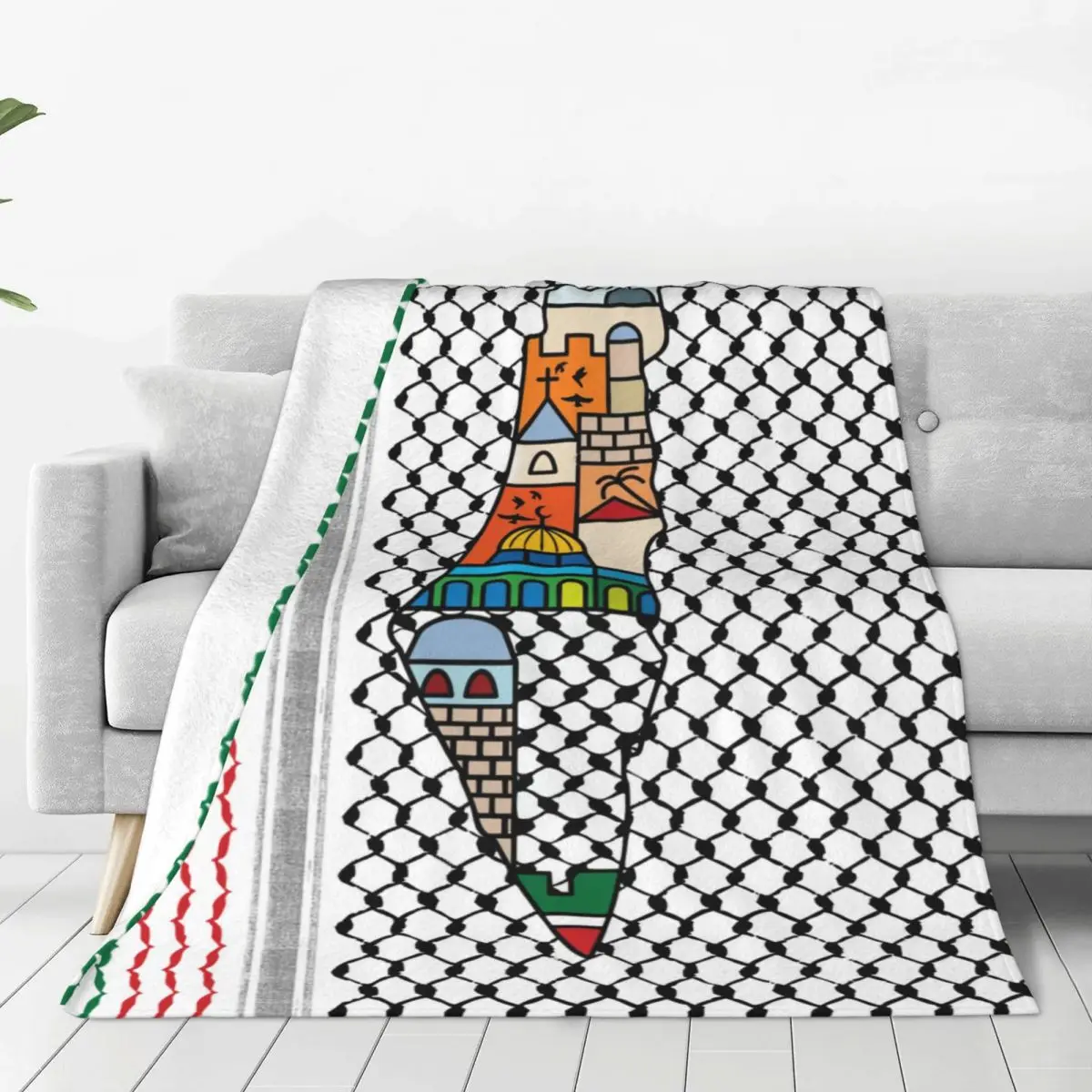 

Palestine Palestinian Map Flannel Blanket Kufiya Hatta Pattern Jerusalem Funny Throw Blanket for Home 200x150cm Plush Thin Quilt