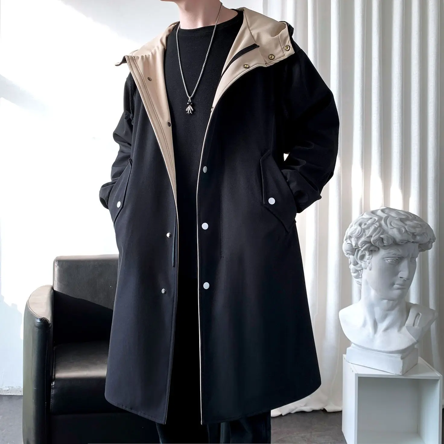 

Fashion Men's Coats Patchwork Single Breasted Lapel Long Coat Jacket Casual Overcoat Casual Trench Spring and Autumn Q13