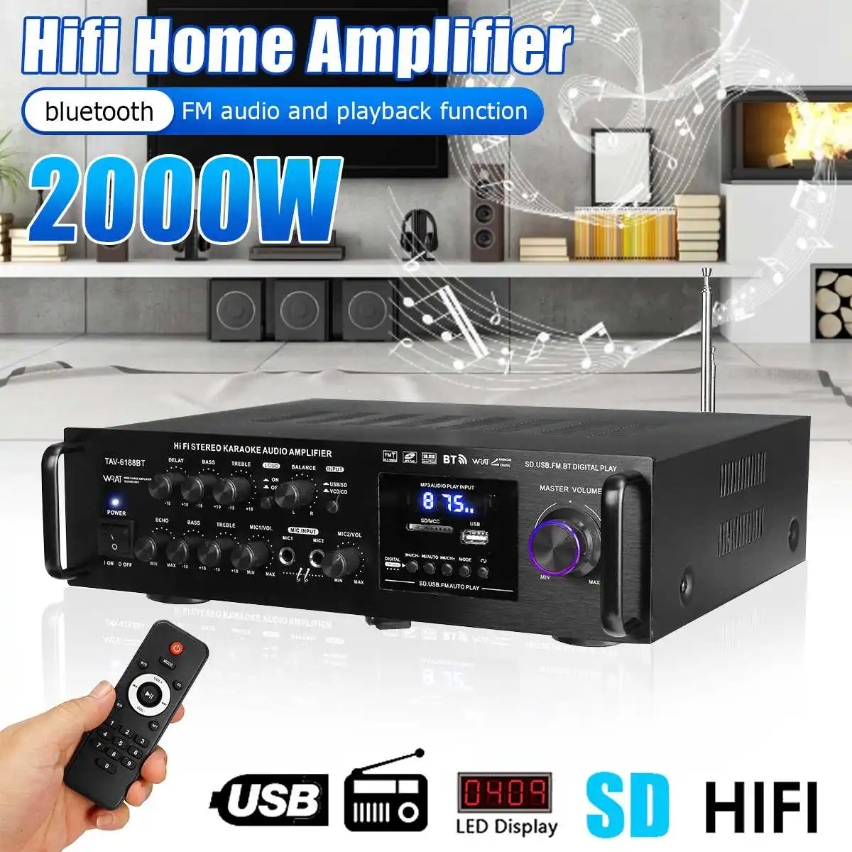

2000W 220V Digital Amplifiers Bluetooth Amplificador Audio Processor Stereo Music Audio Power Hifi Treble Bass Control Amplifier