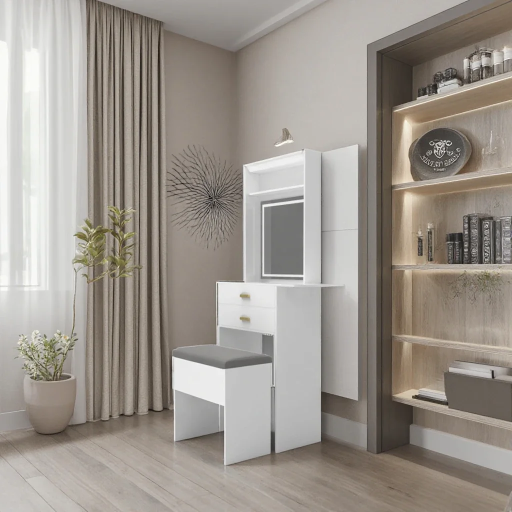 Фото Для Günstige Schlafzimmer Krankbel Einfacher Holz Make-up Tisch mit Spiegel LED-Streifen Schlafzimmer Waschtisch Schmink tisch №5