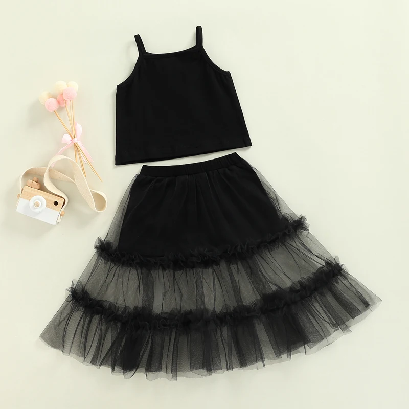 

2Pcs Newborn Baby Girls Summer Fashion Outfits Boat Neck Spaghetti Strap Camisole + Frilly Mesh Culotte Suit