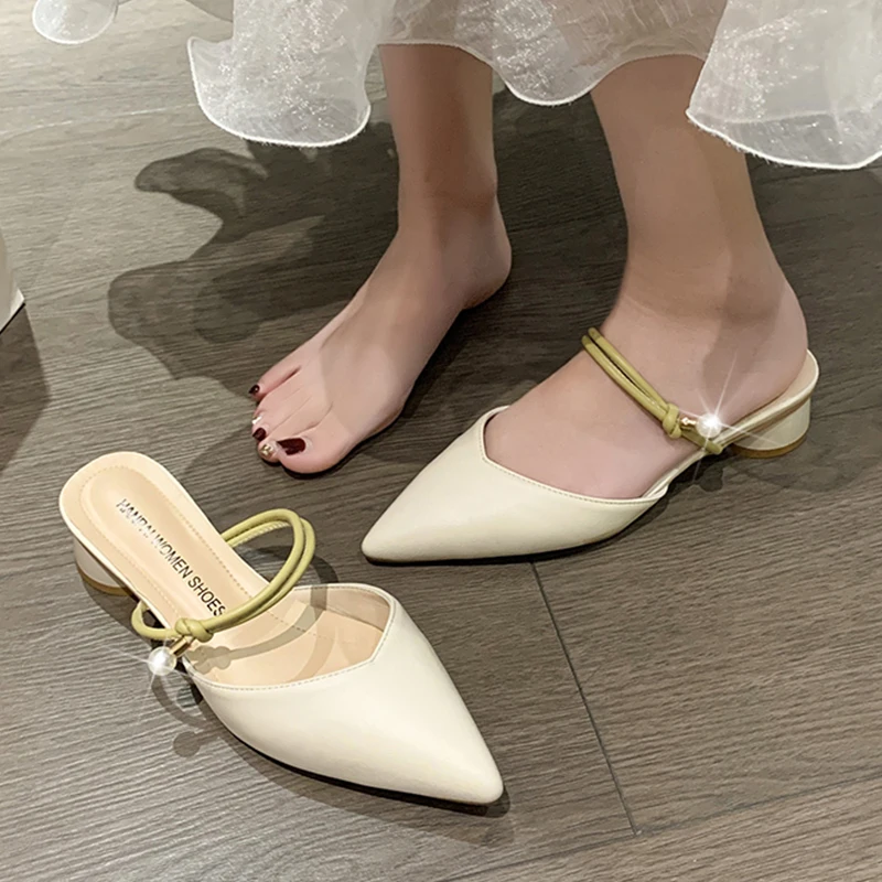 Summer Mules Shoes Woman 2023 New Korean Fashion Outdoor Heeled Mules Slippers Women Sandals Design Pointed Toe Dress Shoes