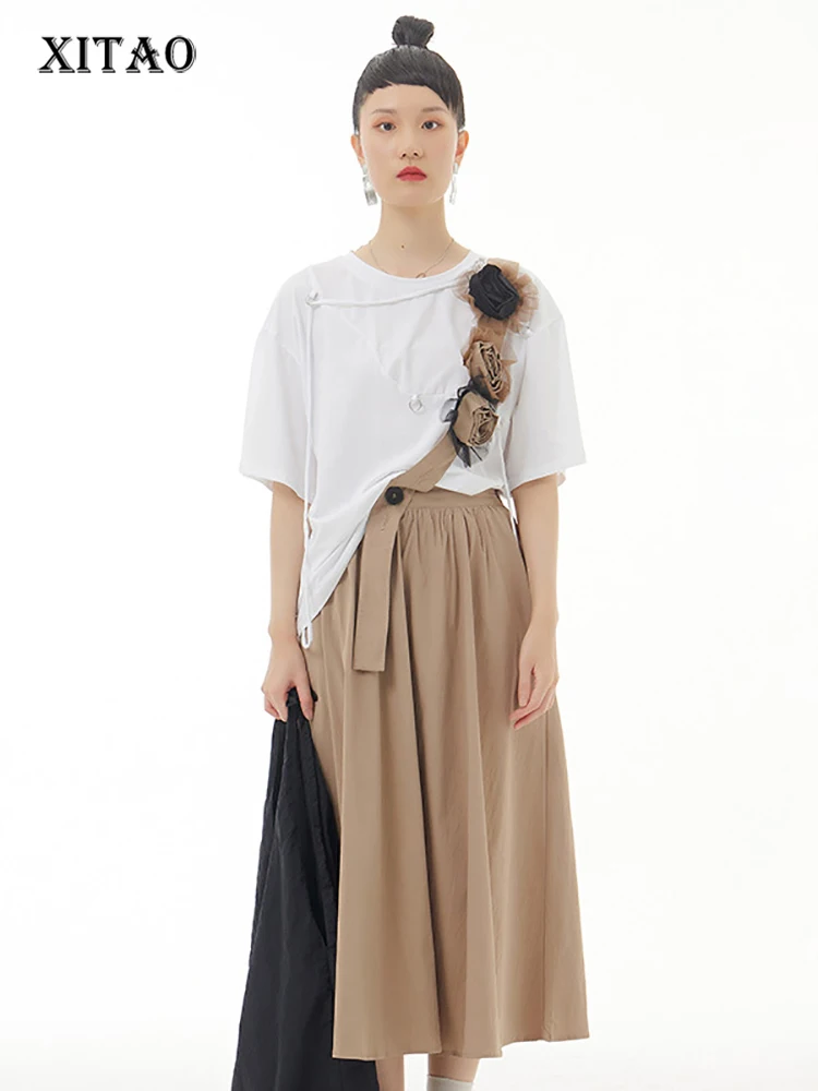 

XITAO Fashion Personality Skirt Three-dimensional Flowers Decorate Splicing One Shoulder Strap Summer New All-match WMD6629