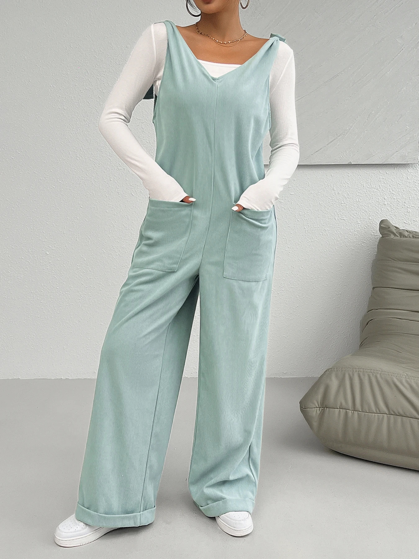 Женские Бархатные Комбинезоны Однотонные С Широкими Штанинами Повседневные В