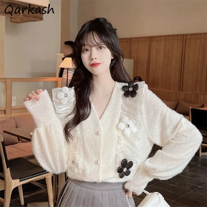 

Cardigan Women Flowers Design Cute Sweet Girls V-neck Knitting Straight Korean Style Preppy Cozy Student Stylish Single Breasted