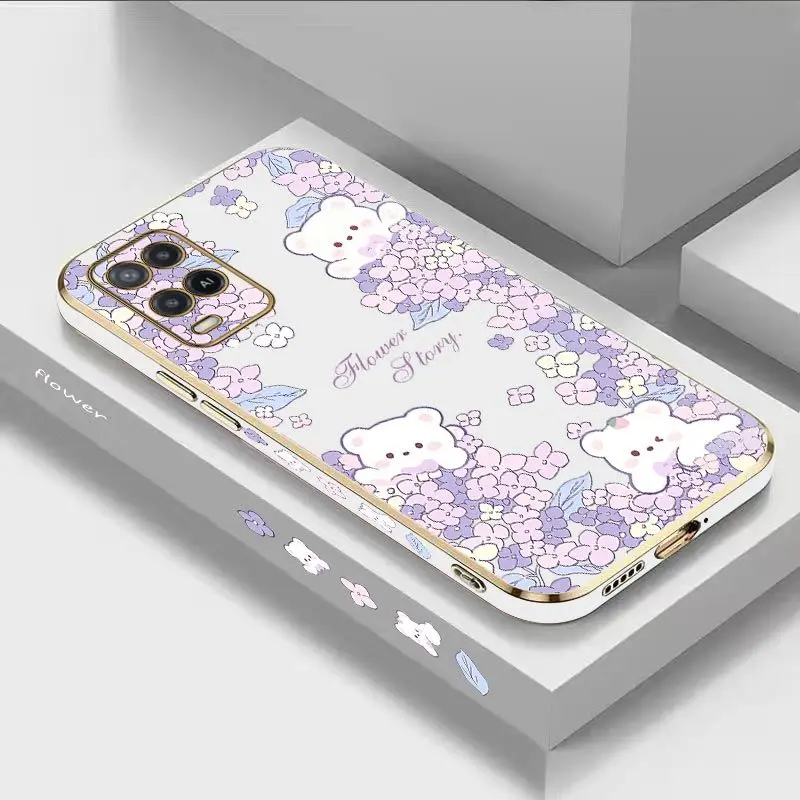 

Flower Bush Bear Luxury Plating Phone Case For Oppo A15 A15K A16 A16K A31 2020 A53 A54 A55 A76 A77 A78 A83 A92 A94 A95 Cover
