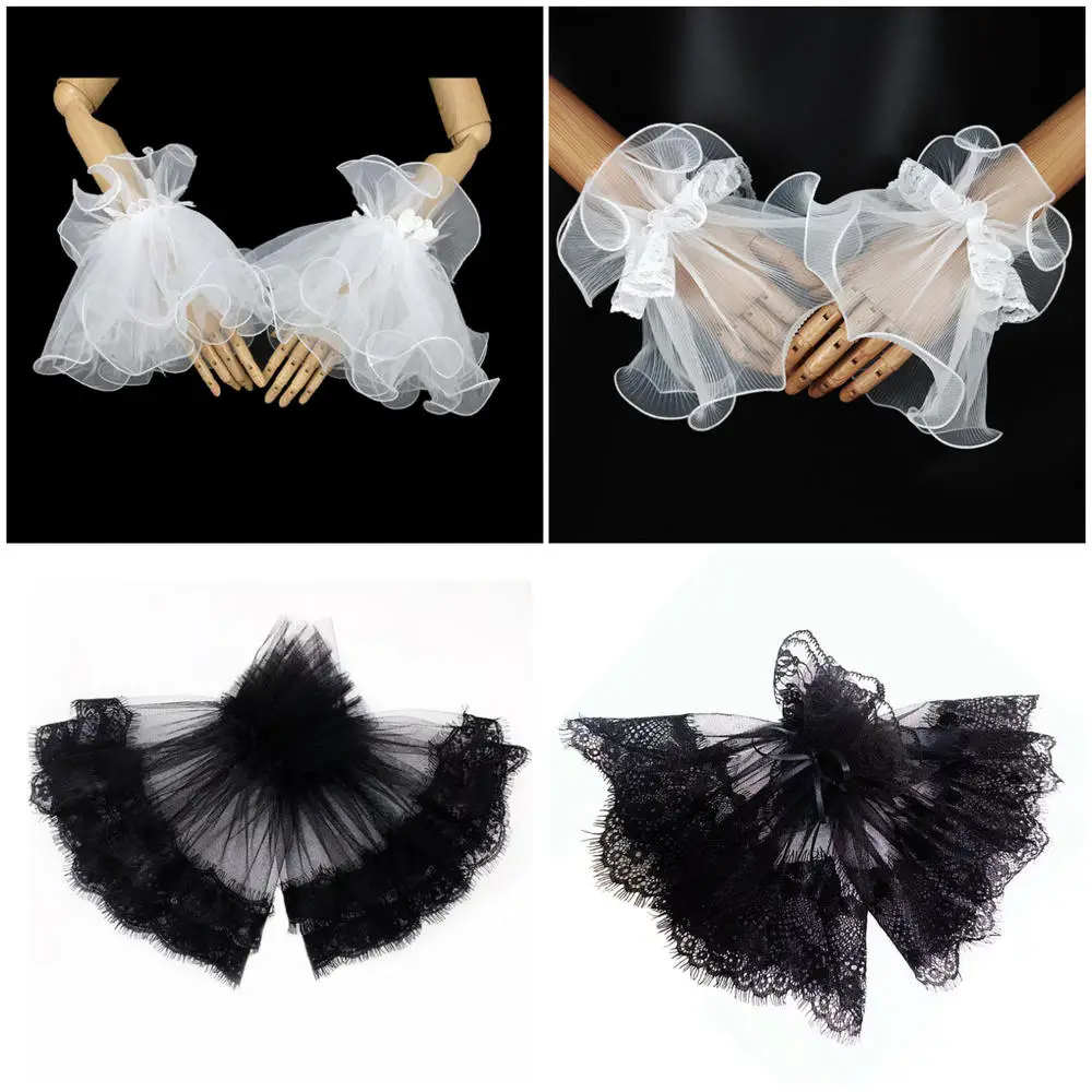 Women Gothic Lace Mesh Stretch Horn Cuffs Winkled Ruffled Detachable Fake Sleeves Wedding Party Sunshade Decorative Wrist Warmer