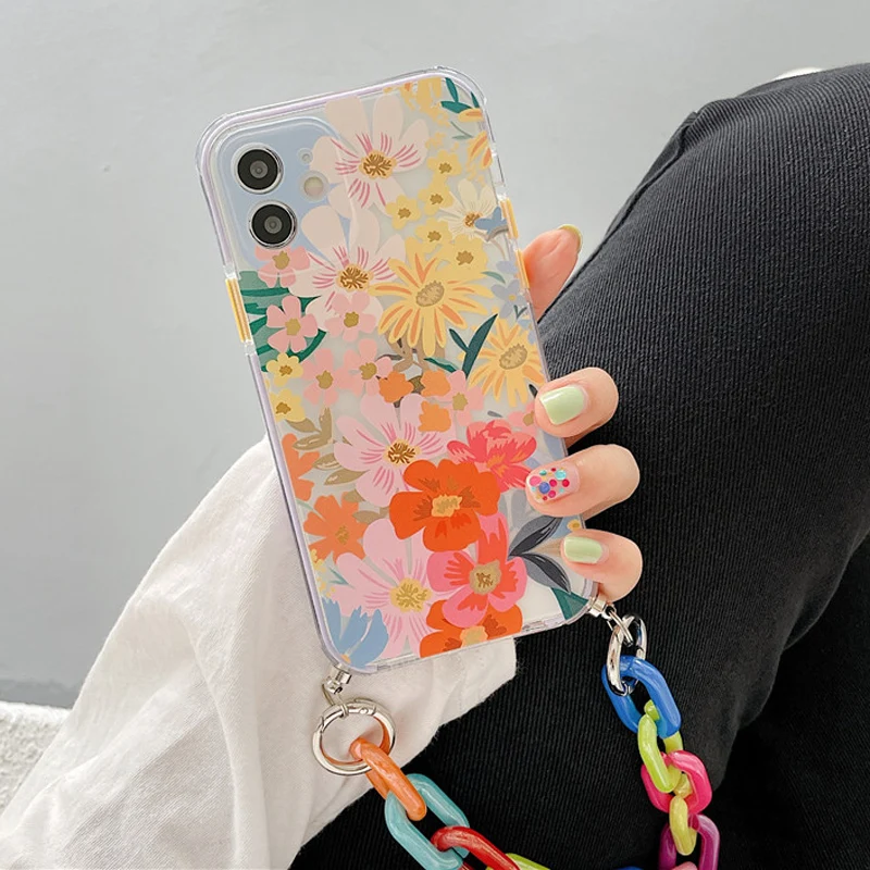 

Colorful Chain Daisy Graffiti Bracelet Phone Case For iphone 13 12 Mini 11 Pro Max XS XR 8 7 Plus SE 2020 Silicone Soft Cover
