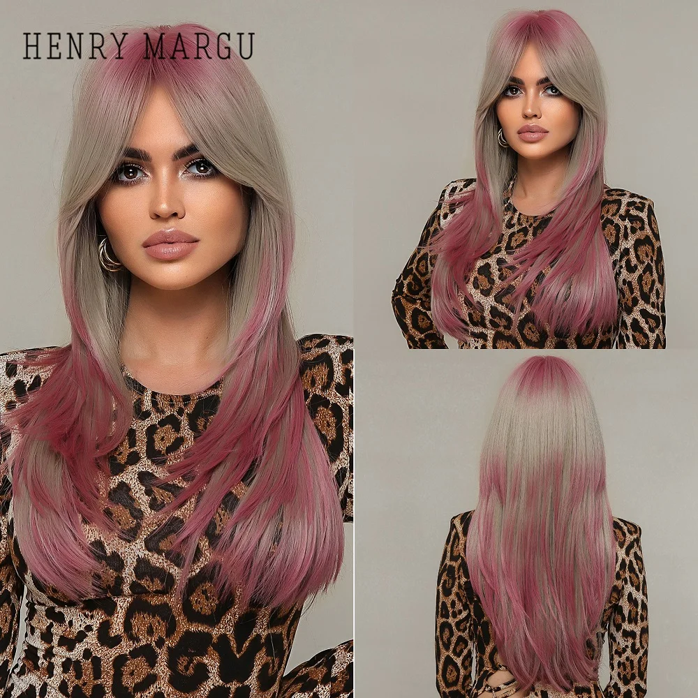 

HENRY MARGU Long Straight Ombre Gray Blonde Pink Synthetic Wigs With Bangs Layered Wig for Women Party Cosplay Heat Resistant