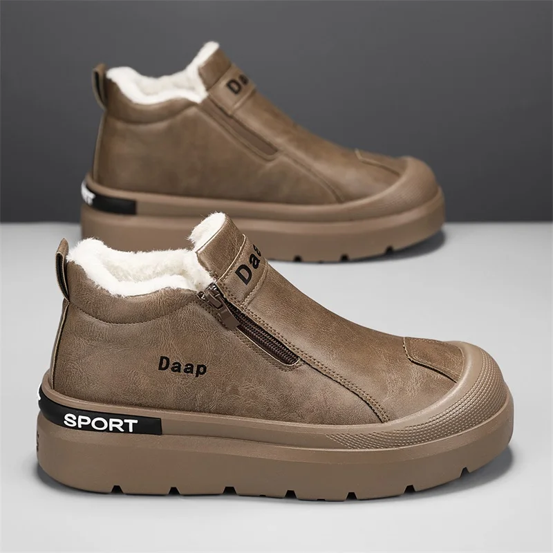 Пуховая зимняя обувь для мужчин коричневые кожаные ботинки на платформе мужская