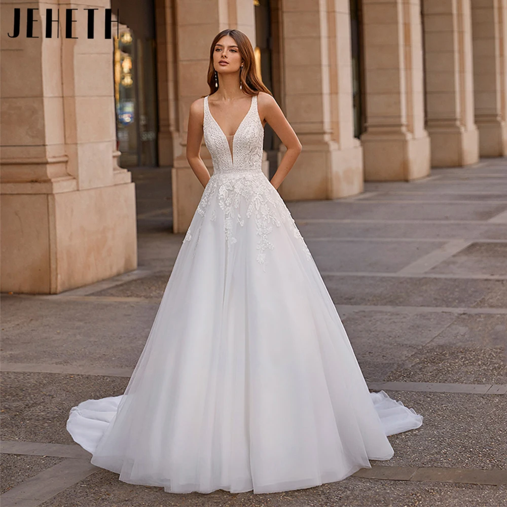 

JEHETH Elegant A-Line Tulle Wedding Dress 2024 Vintage V-Neck Bridal Gowns Appliques Sleeveless Custom Made Vestidos De Novia
