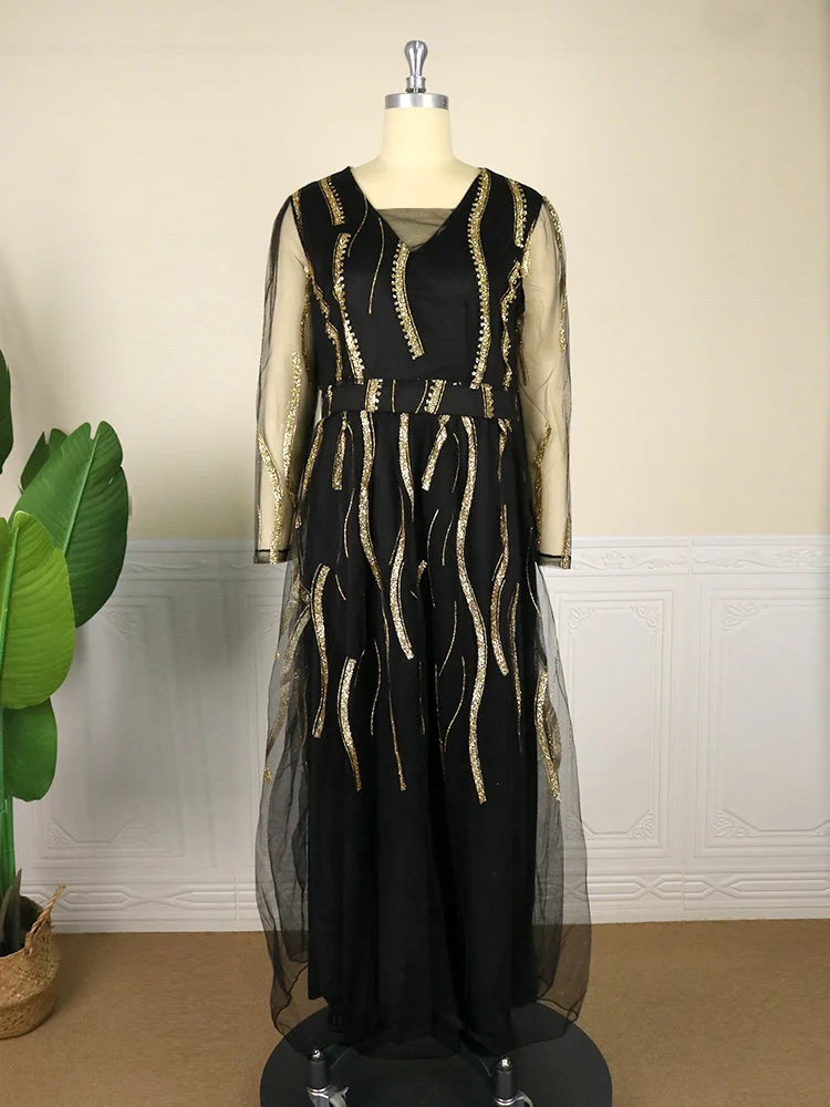 Plus Size Women Sequined Tulle Dresses Long Sleeve Golden Striped Maxi Flowy Lace Dress Spring Summer 2023 Big 3xl 4xl 5xl 6xl
