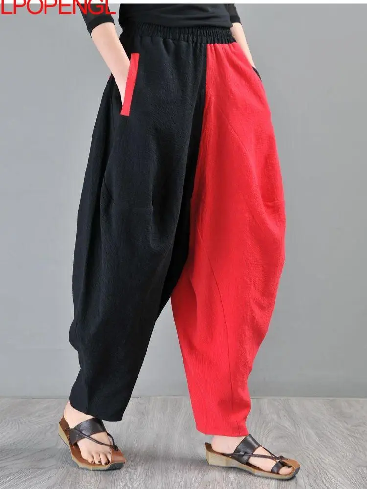 

Брюки женские хлопково-льняные контрастных цветов, Модные Винтажные свободные шаровары оверсайз с завышенной талией, повседневные штаны, лето 2022