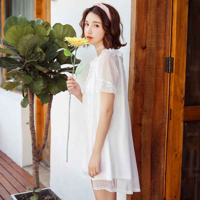 Nightgowns Sleepshirts 2021 Cute Lace Sleep Lounge Nightdress Sexy Nightgown Female Palace Wear Solid Sleepwear Lace Home Dress