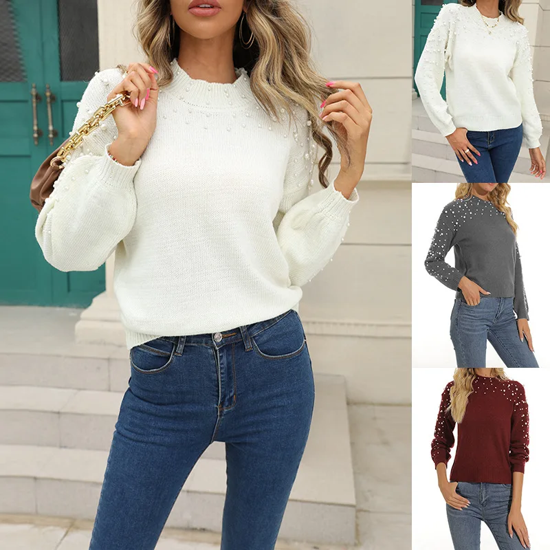 

New Ladies Knitwear Celebrity Style Pearl Decoration Sweater Autumn and Winter Round Neck Long Sleeve Sweater