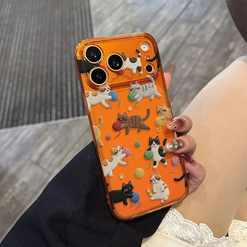 Фото Прозрачный ультратонкий чехол для iPhone 17 16 15 14 13 Pro Max с милым вышитым узором в виде кошки и шарика, матовый, в стиле Y2K №2