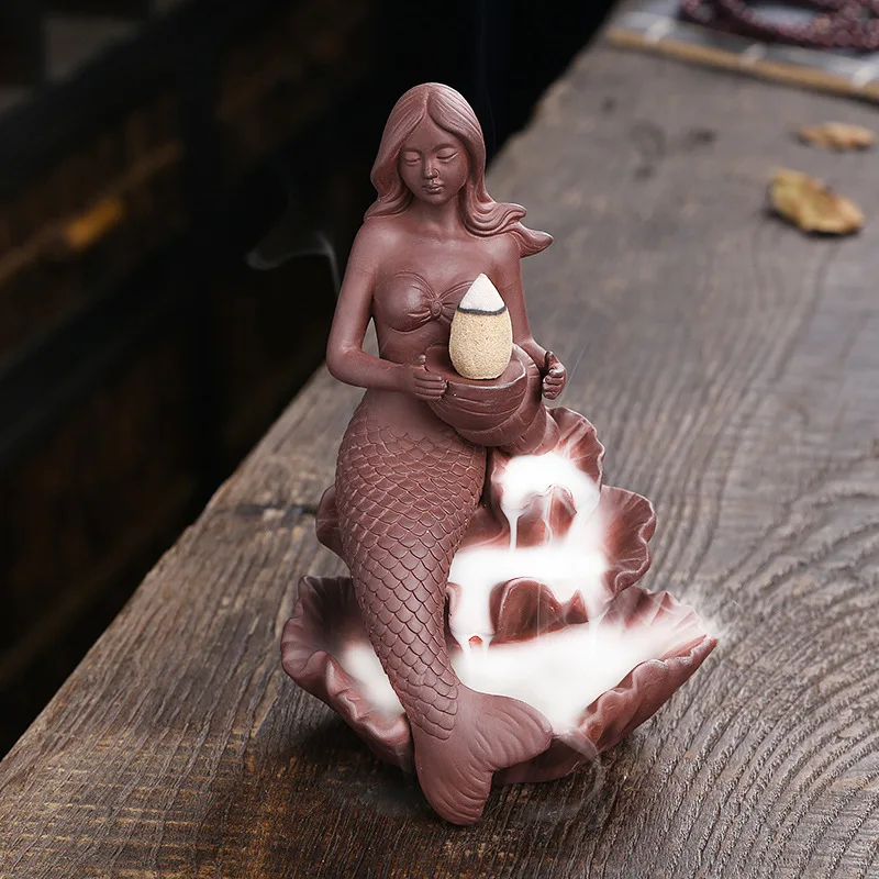 

Mermaid Ceramic Incense Holder Backflow Incense Burner with 20 Incense Cones Artwork Home Decor Figurine Aromatherapy Gifts