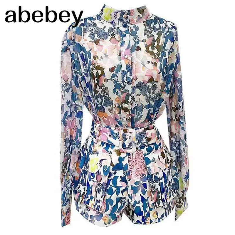 

Casual Two Piece Set Suit Women Stand Collar Long Sleeve Shirts Tops And Vintage High Waist Shorts 2piece Sets Outfits