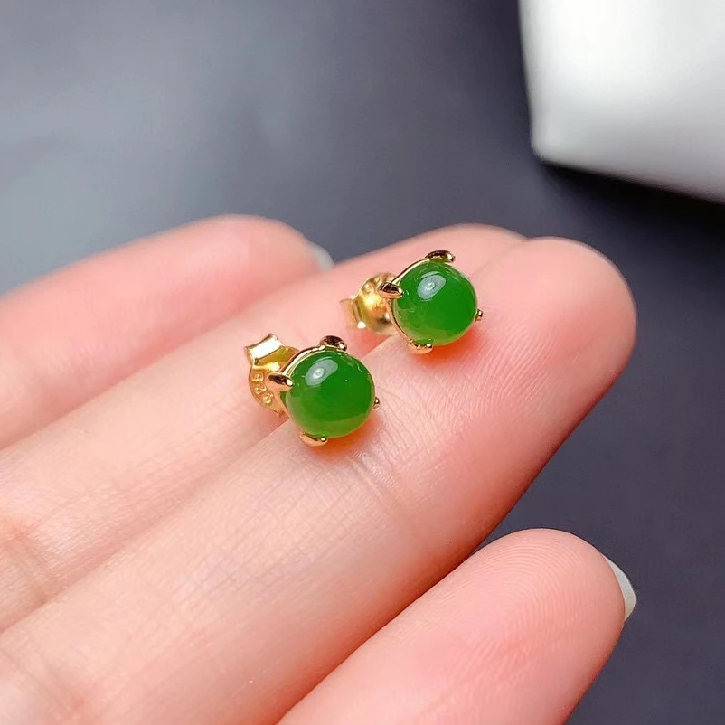 

Green Jade Earrings for Daily Wear 5mm Total 1ct Natural Jade Prevent Allergy 925 Silver Gemstone Earrings with Gold Plating