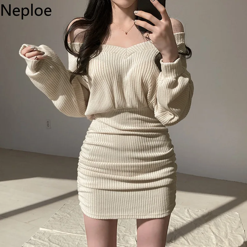 Фото Корейское мини-платье Neploe 2022 Женский пикантный свитер с V-образным вырезом модные