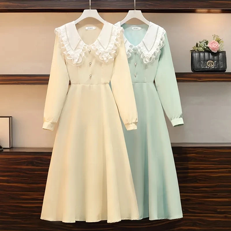

Dress Female 2022 Spring Autumn New Temperament Fashion Long Dress Womens Lace Stitching Large Size Long-sleeve Dresses Trend