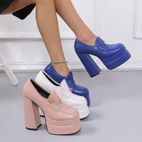 2022 new women high waterproof heels pumps square toe pu leather platform slip on shoes lady casual sexy shoes big size 34 43