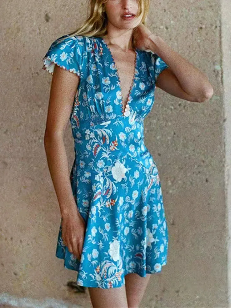

Summer New 2023 Women Deep V Short Robe Flower Print Casual High Waist Lace-Up Short Sleeve Female Fresh A-Line Mini Dress