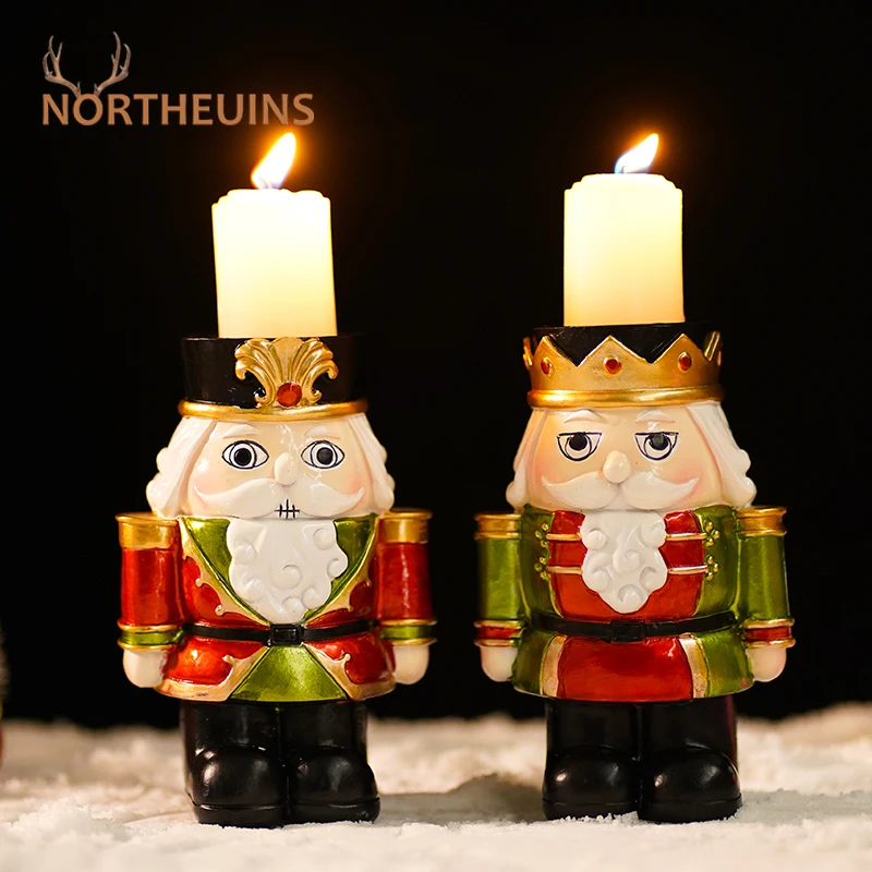 NORTHEUINS 14cm Nutcracker Candle Holder Resin Miniature Figurines for Fireplace Christmas Home Interior Living Room Decor Dolls