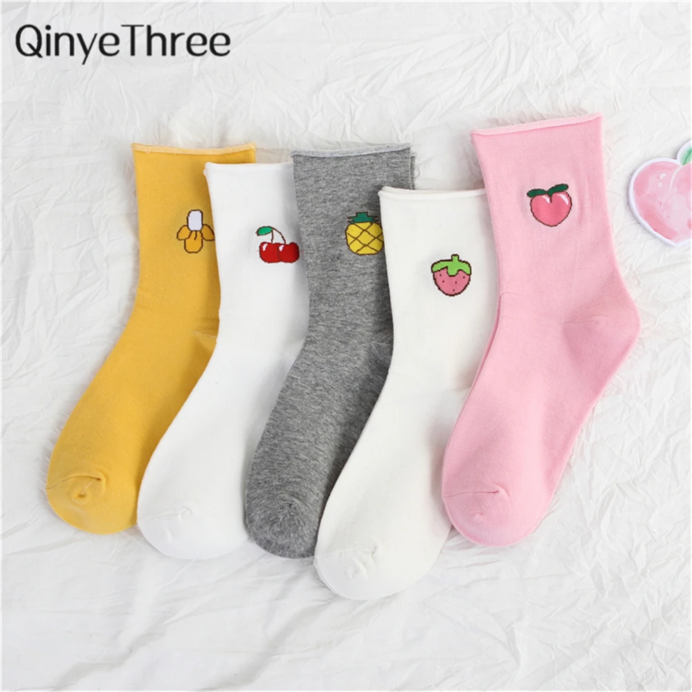 

Chic Girls' Cartoon Fruit Peach Strawberry Banana Cherry Pineapple Art Pregnant Women Rolled Curled Loose Mouth Socks