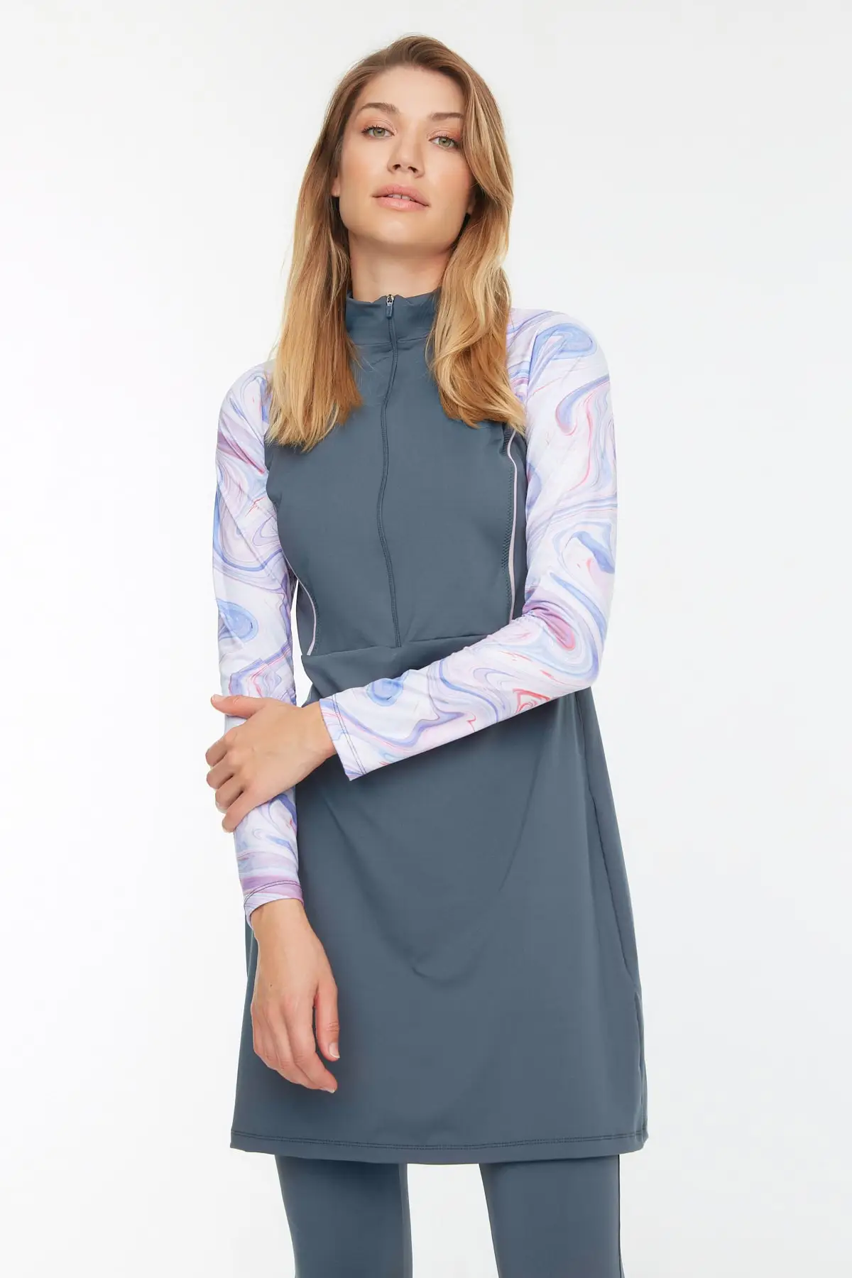

Muslim Burkinis Gray Long Sleeve Surf Performance 3 Psc. Set Swimwear Modest Summer Clothing Hijab Sport Swimsuit