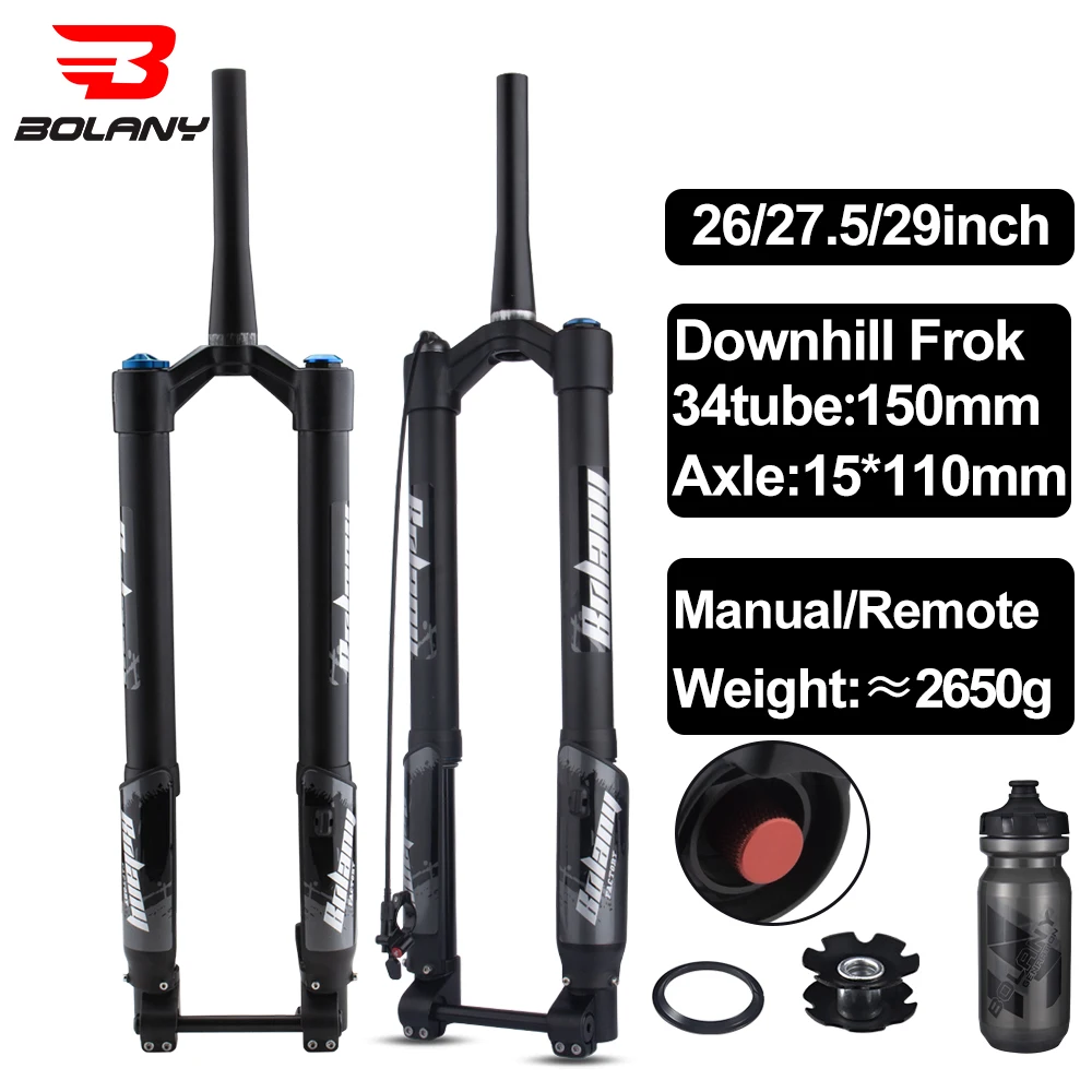 

BOLANY Air Suspension Bicycle Fork 26 27.5 29er MTB 140mm Travel Disc Brake Straight Tapere Tube Rebound Mountain Bike Parts