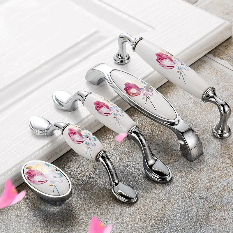 

Tulip Ceramic Door Handle Silver Drawer Pulls Vintage Flower Cupboard Kitchen Cabinet Handles and Knobs Furniture Hardware