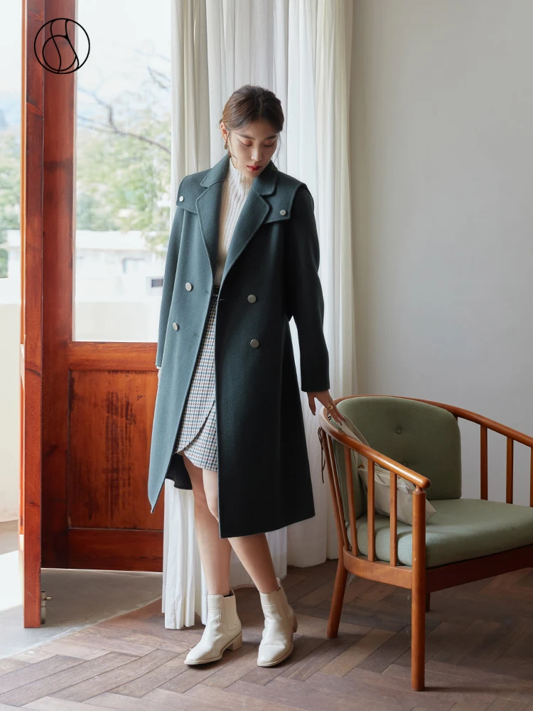 

DUSHU 100% Wool Navy Double-faced Woolen Coat Winter New Women Straight Solid Retro Woolen Coats Detachable Navy Collar Design