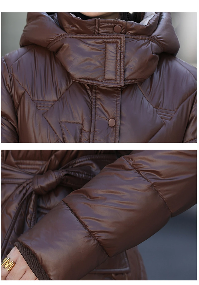 New Glossy Down Cotton Coats Women Winter Korean Fashion Tops Long Slim Thicken Warm Padded Jacket Female Clothing Hooded Parkas